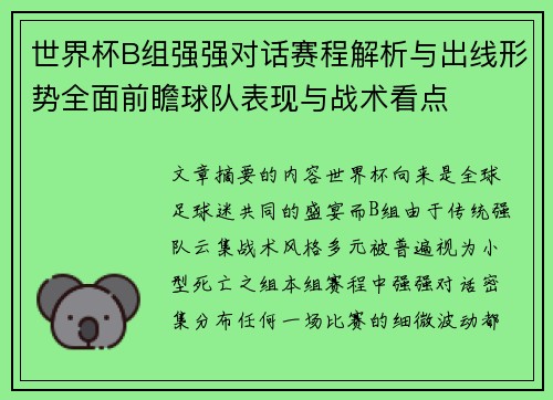 世界杯B组强强对话赛程解析与出线形势全面前瞻球队表现与战术看点