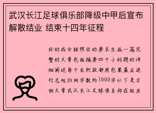 武汉长江足球俱乐部降级中甲后宣布解散结业 结束十四年征程